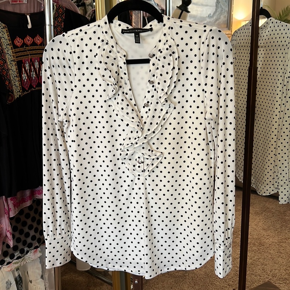White House Black Market White and Black Polka Dot Ruffle Blouse Size XS